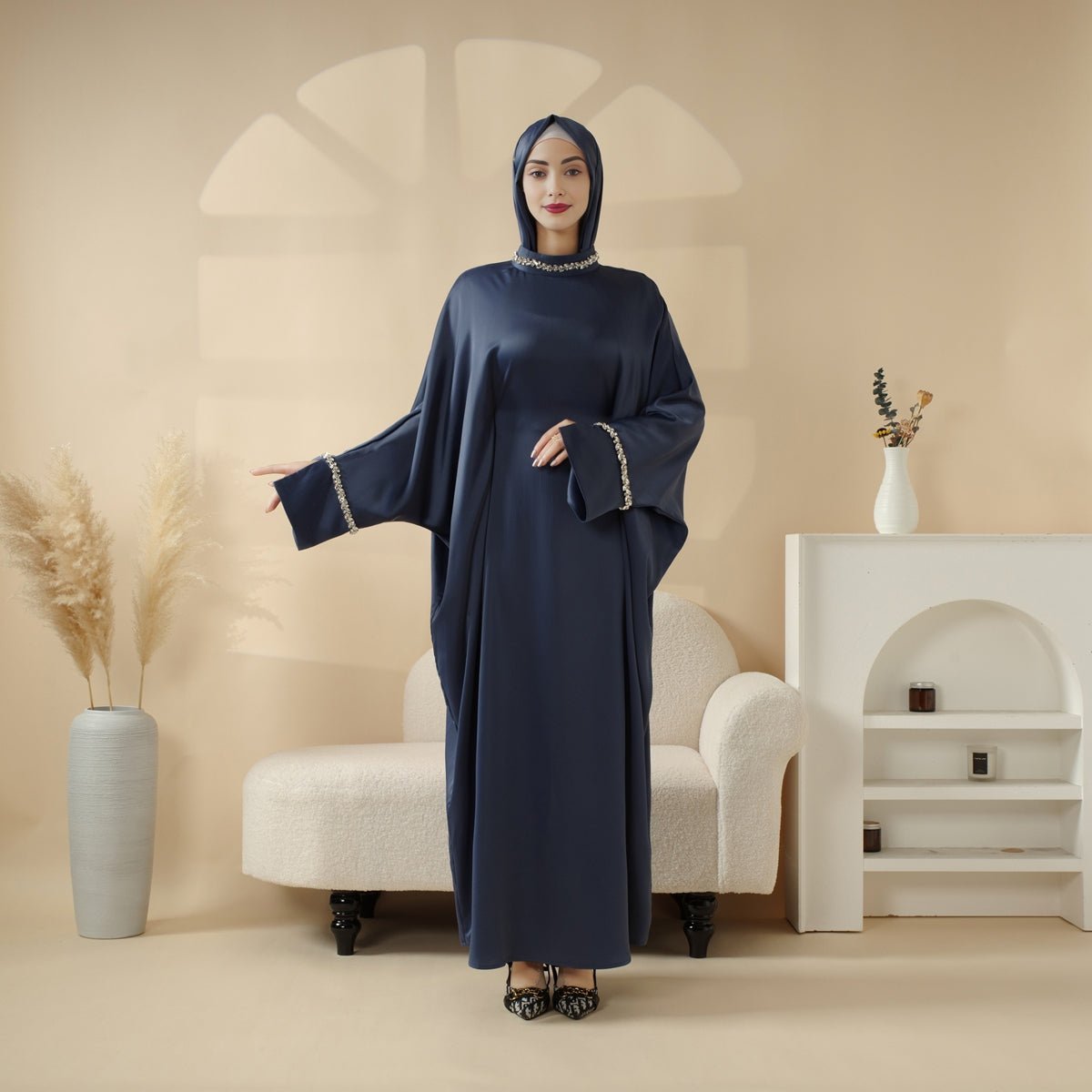 Mariam's Collection Kaftan Batwing Sleeve Luxury Satin Diamond Abaya 2-Piece Set (MA121) — main product shot