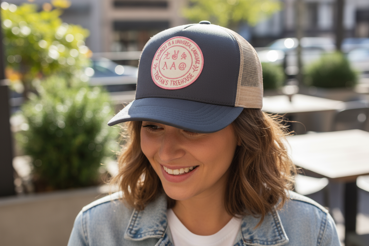 Tristan’s Treehouse Kindness is a Universal Language – Trucker Hat — main product shot