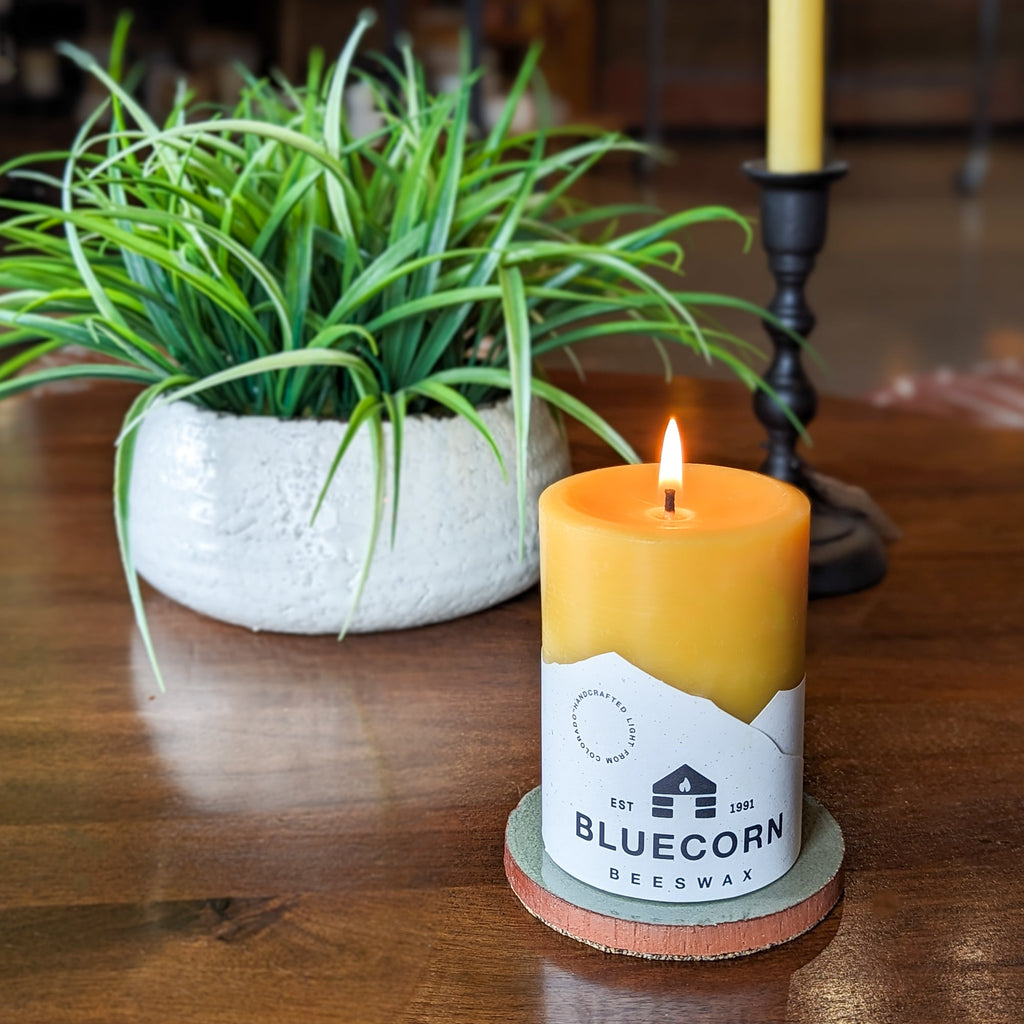 Bluecorn Candles Particular Tile Pillar Candle Base — detail and construction