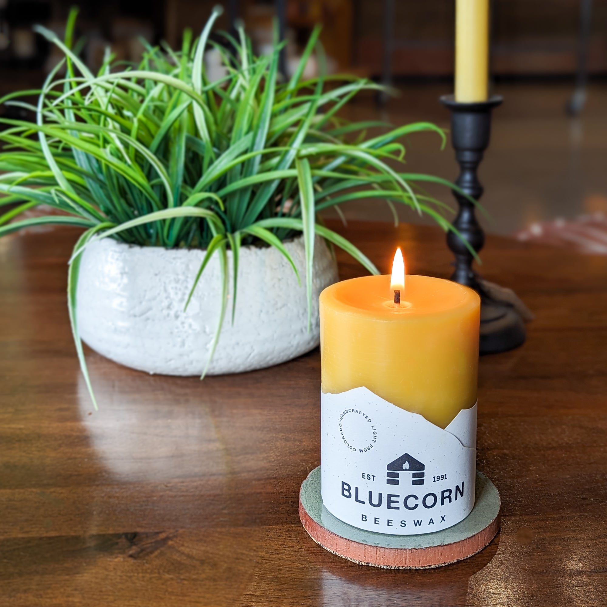 Bluecorn Candles Particular Tile Pillar Candle Base — detail and construction