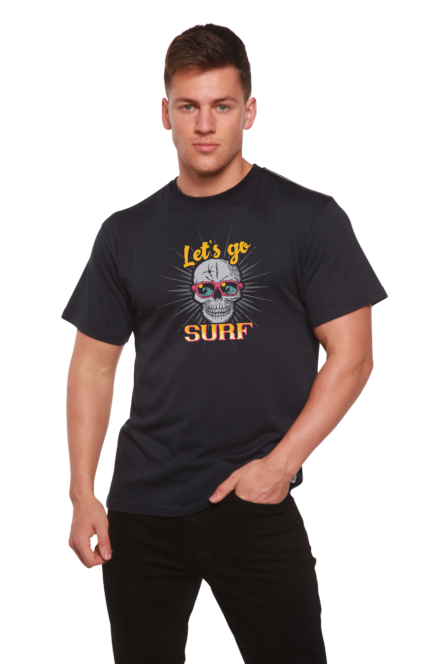 Spun Bamboo Let`s go SURF Men's Bamboo Viscose/Organic Cotton Short Sleeve Graphic T-Shirt — feature highlight