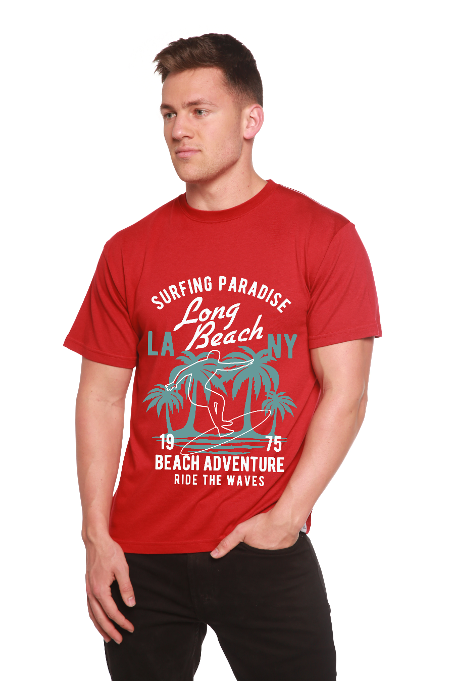 Spun Bamboo Long Beach Men's Bamboo Viscose/Organic Cotton Short Sleeve Graphic T-Shirt — in-use photo