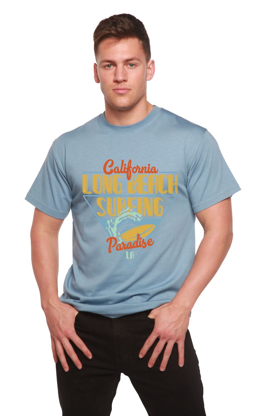Spun Bamboo Long Beach Surfing Printed Men's Bamboo Viscose/Organic Cotton Short Sleeve Graphic T-Shirt — in-use photo