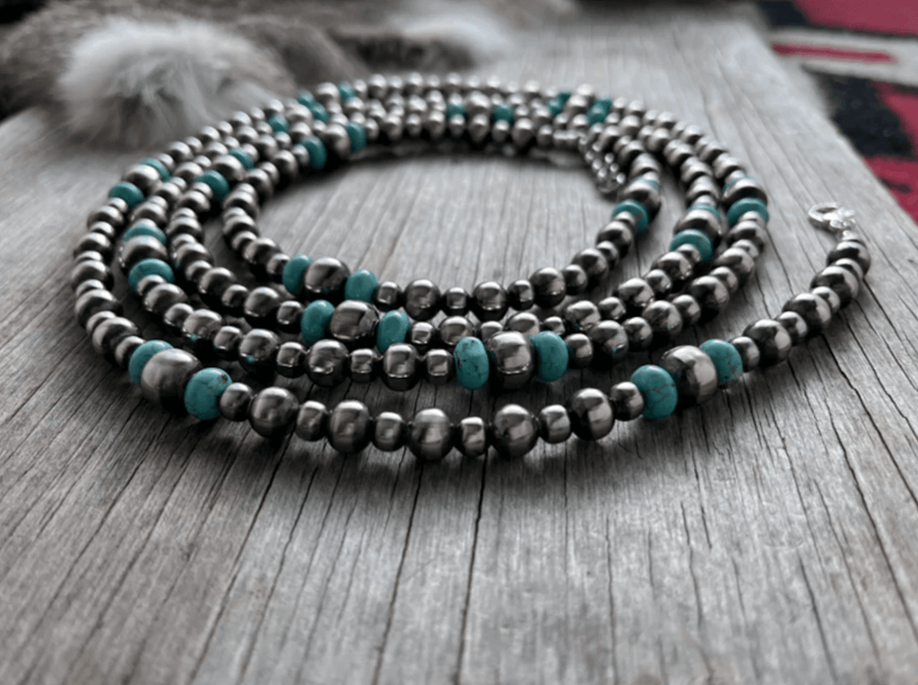 Wild Junkie Long Silver Pearl and Turquoise Necklace — lifestyle context