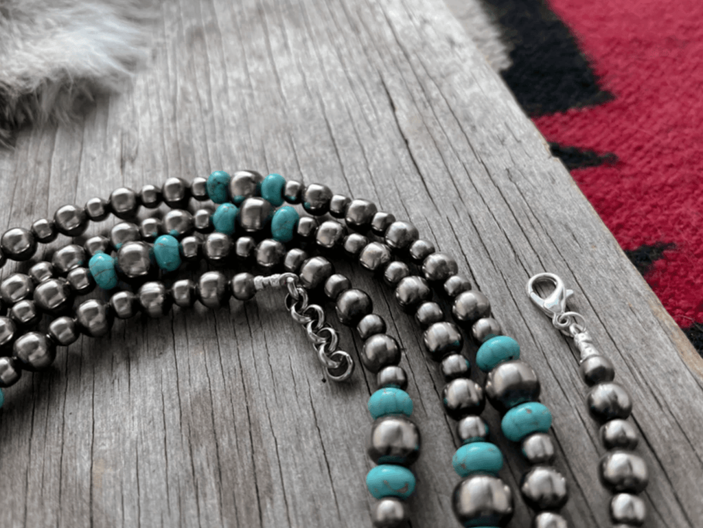 Wild Junkie Long Silver Pearl and Turquoise Necklace — detail close-up