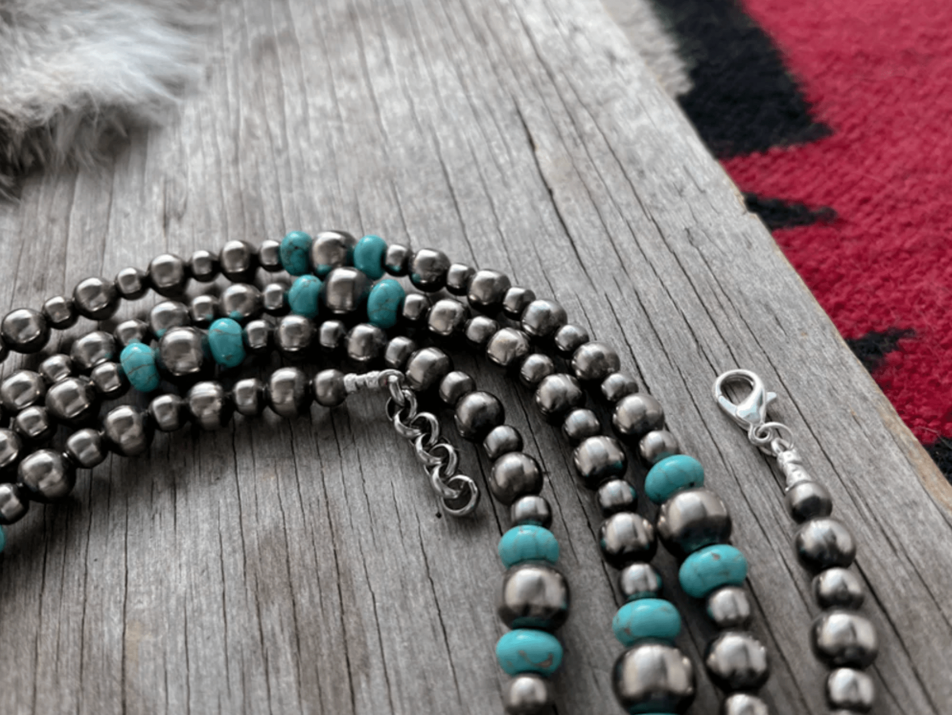 Wild Junkie Long Silver Pearl and Turquoise Necklace — detail close-up