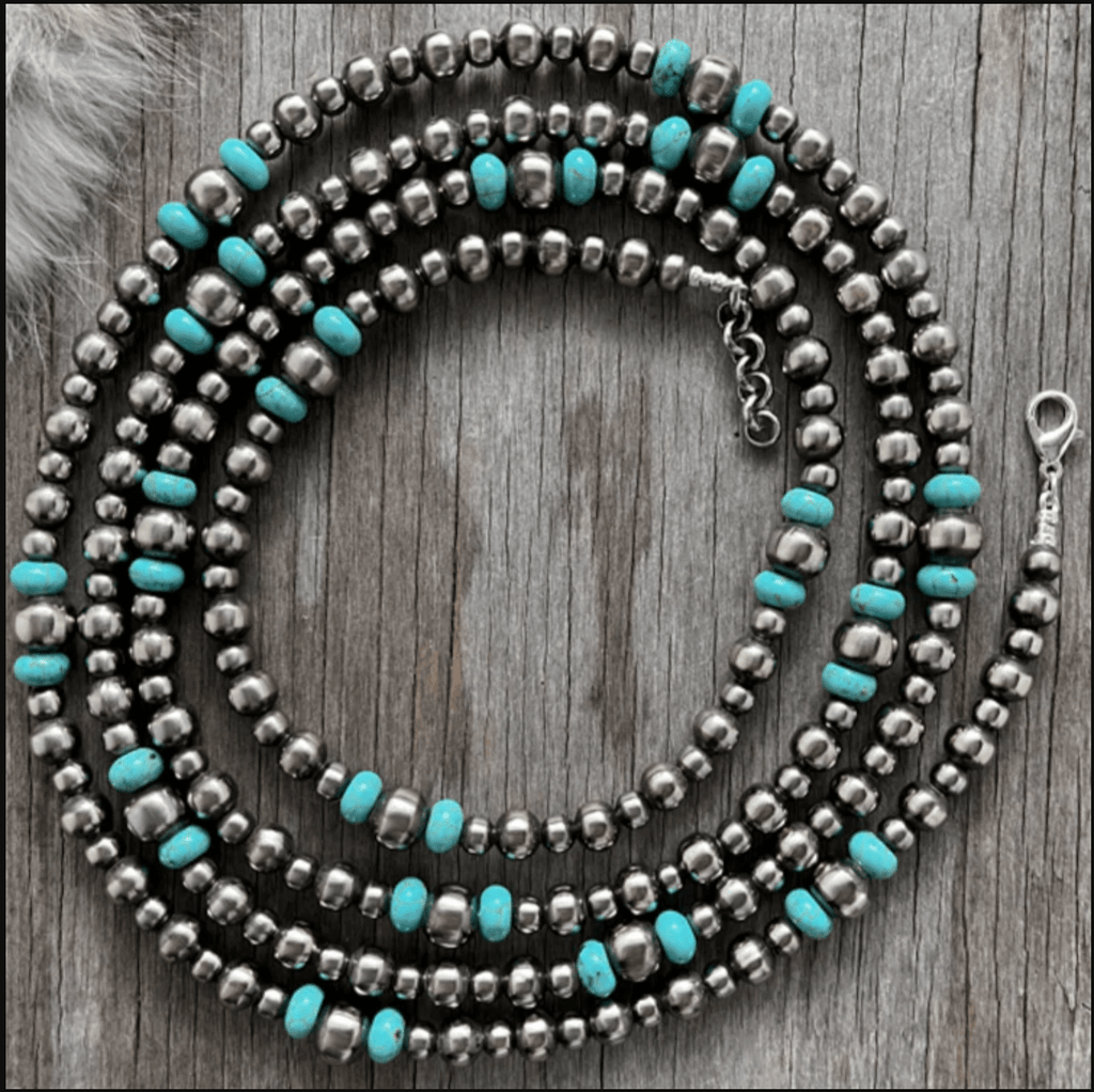 Wild Junkie Long Silver Pearl and Turquoise Necklace — main product shot