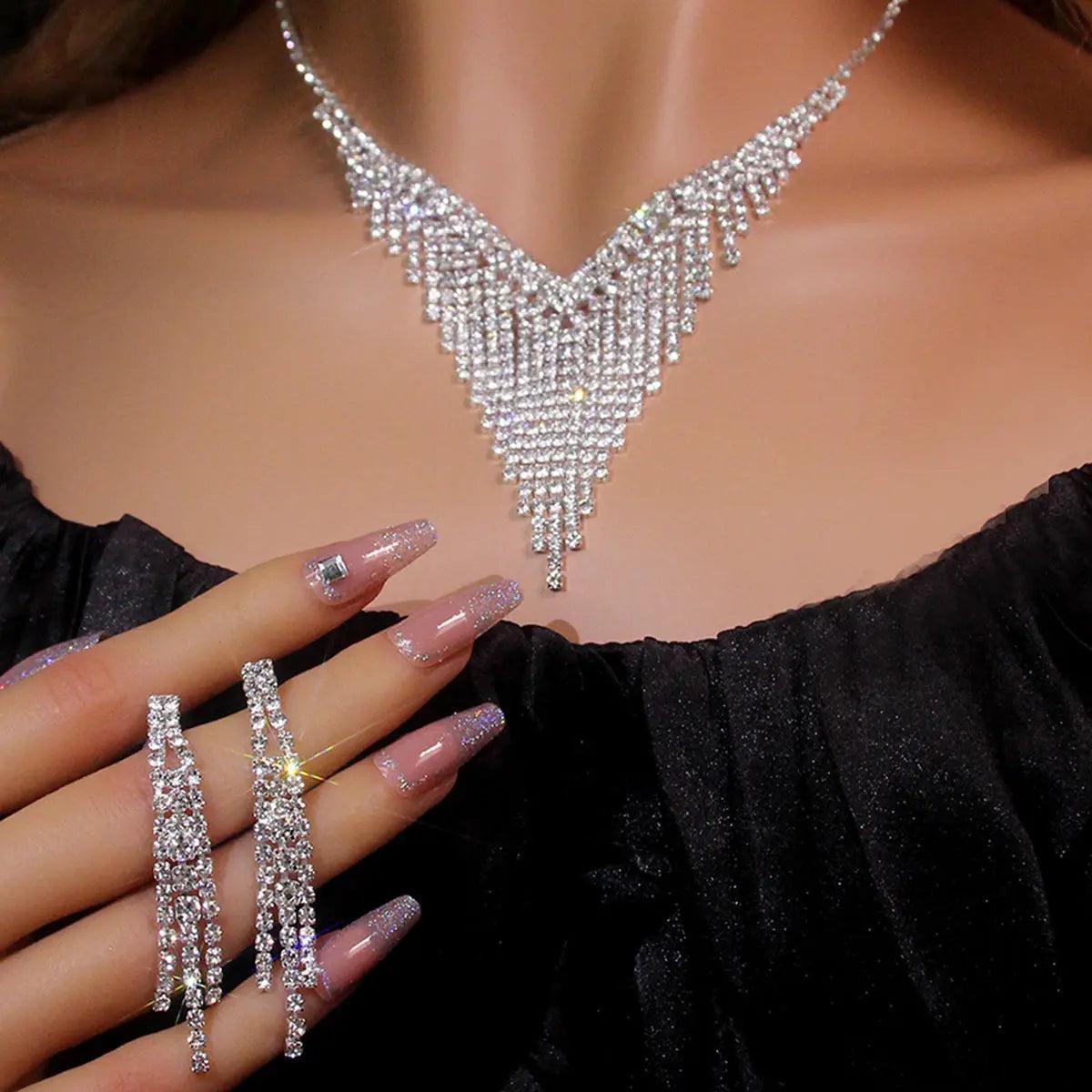 Mariam's Collection MAC047 Rhinestone Crystal angle Earring Fringe Chain Necklaces Sets — main product shot