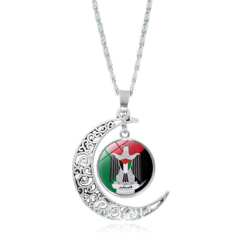 Mariam's Collection MAC077 Women's Versatile Silver keffiyeh Hollow Moon Pendant Necklace — fabric or material detail