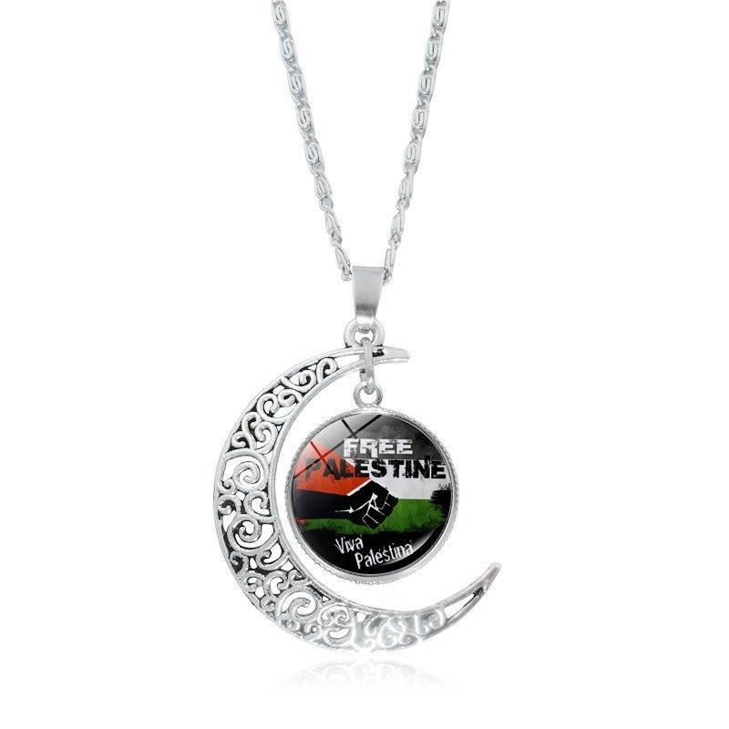 Mariam's Collection MAC077 Women's Versatile Silver keffiyeh Hollow Moon Pendant Necklace — size reference