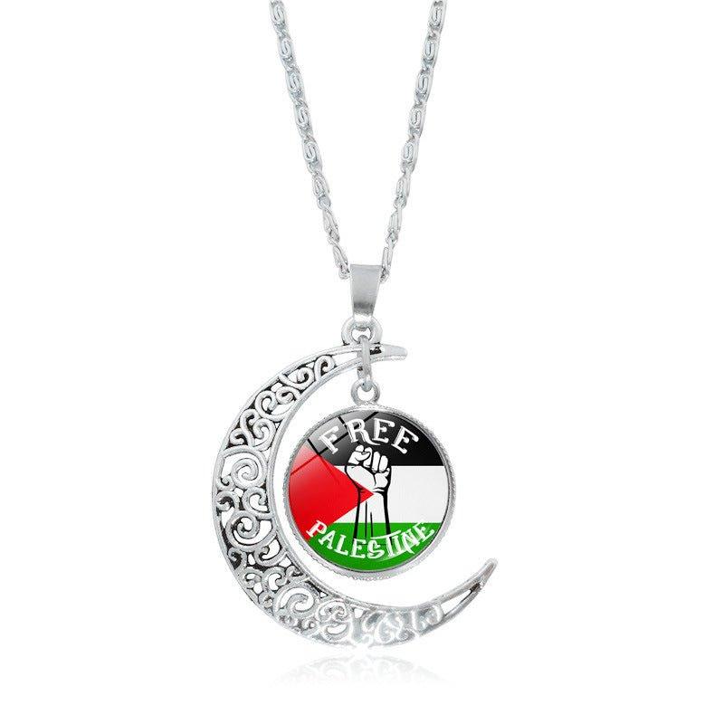 Mariam's Collection MAC077 Women's Versatile Silver keffiyeh Hollow Moon Pendant Necklace — flat-lay composition