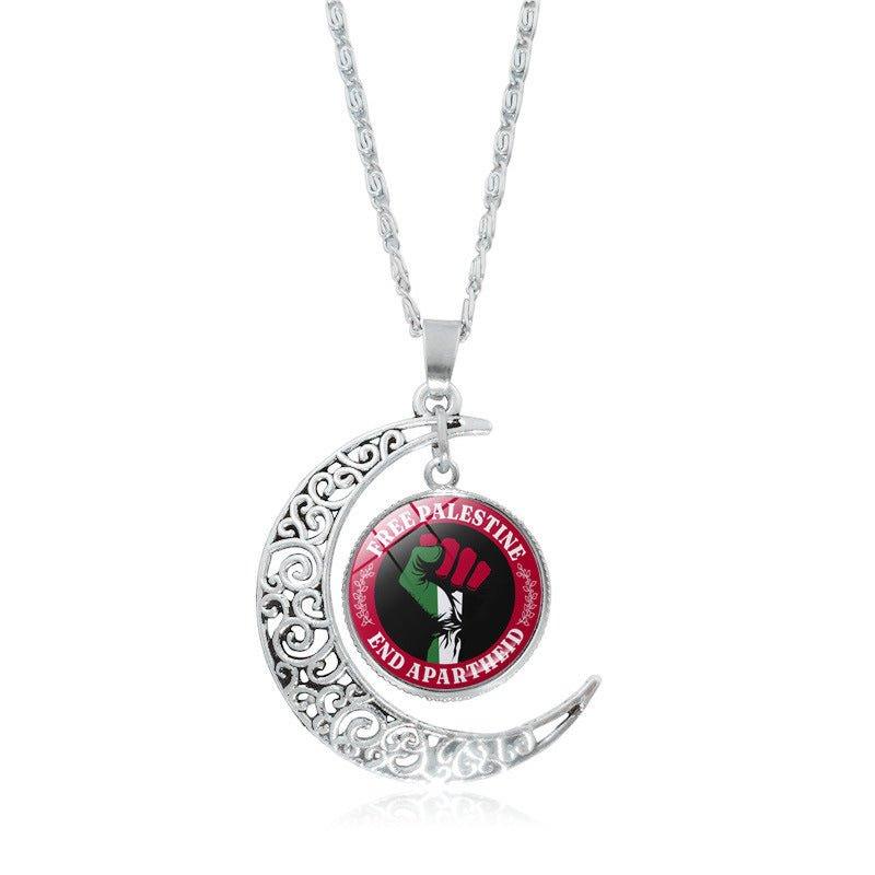 Mariam's Collection MAC077 Women's Versatile Silver keffiyeh Hollow Moon Pendant Necklace — detail close-up