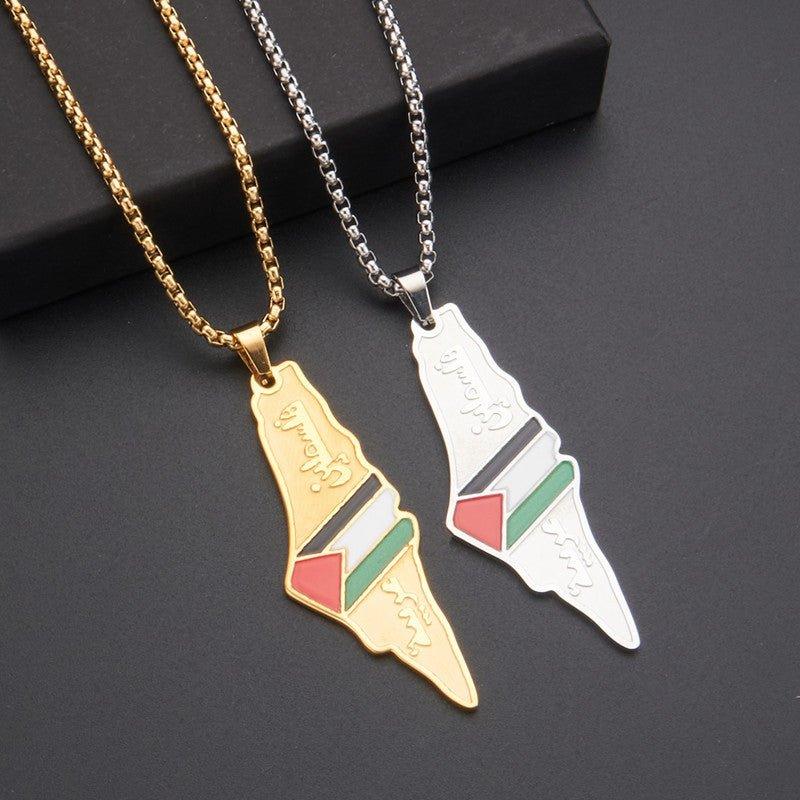 Mariam's Collection MAC101 Glue Etched Keffiyeh Stainless Steel Palestinian Flag Map Pendant… — main product shot