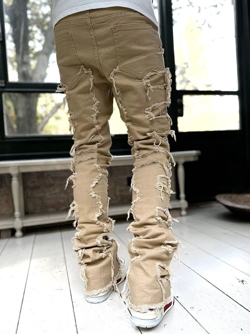 Men's Stacked Jeans - Individual Patched, Long Tight Fit Trousers for Bold Style