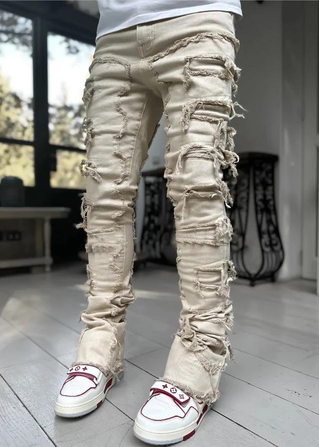 Men's Stacked Jeans - Individual Patched, Long Tight Fit Trousers for Bold Style