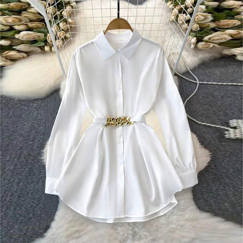 Women's Elegant Lapel Button-Down Top With Adjustable Metal Waist Belt Solid Color Loose Fit Blouse For Casual & Office Wear