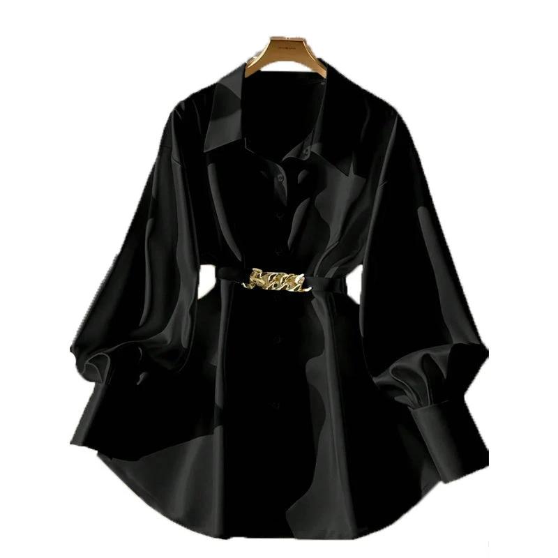 Women's Elegant Lapel Button-Down Top With Adjustable Metal Waist Belt Solid Color Loose Fit Blouse For Casual & Office Wear