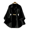Women's Elegant Lapel Button-Down Top With Adjustable Metal Waist Belt Solid Color Loose Fit Blouse For Casual & Office Wear