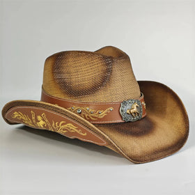 Embroidered Straw Cowboy Hat - Western Sun Hat for Women Men - Country Rodeo Cowgirl