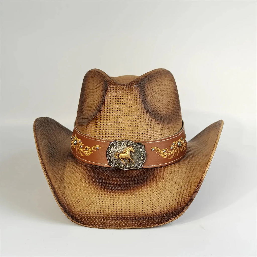 Embroidered Straw Cowboy Hat - Western Sun Hat for Women Men - Country Rodeo Cowgirl