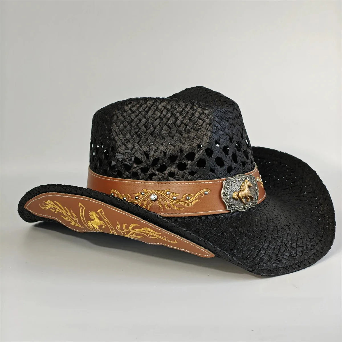 Embroidered Straw Cowboy Hat - Western Sun Hat for Women Men - Country Rodeo Cowgirl