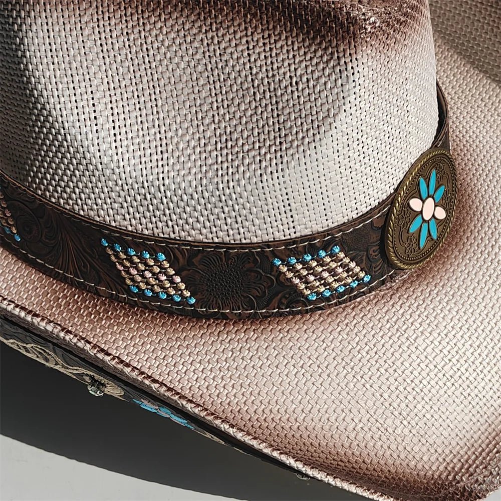 Embroidered Straw Cowboy Hat - Western Sun Hat for Women Men - Country Rodeo Cowgirl