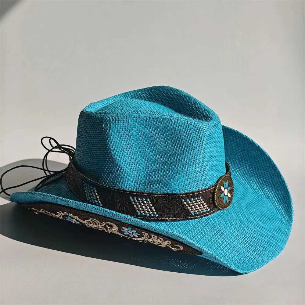 Embroidered Straw Cowboy Hat - Western Sun Hat for Women Men - Country Rodeo Cowgirl