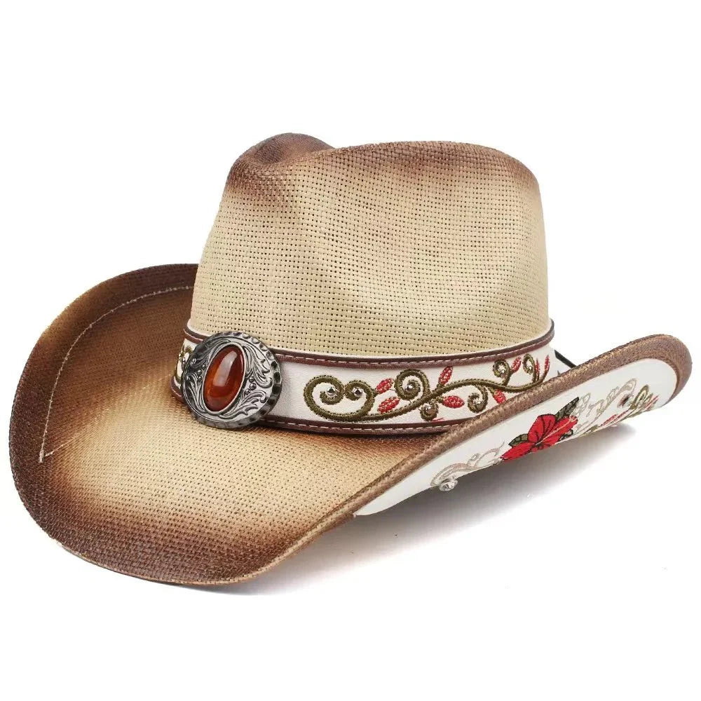 Embroidered Straw Cowboy Hat - Western Sun Hat for Women Men - Country Rodeo Cowgirl