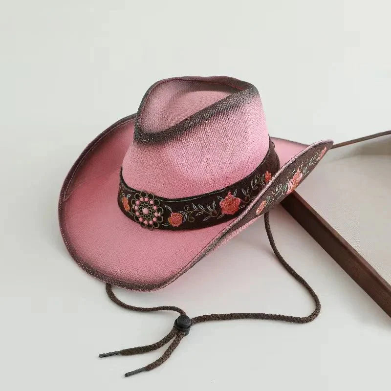 Embroidered Straw Cowboy Hat - Western Sun Hat for Women Men - Country Rodeo Cowgirl