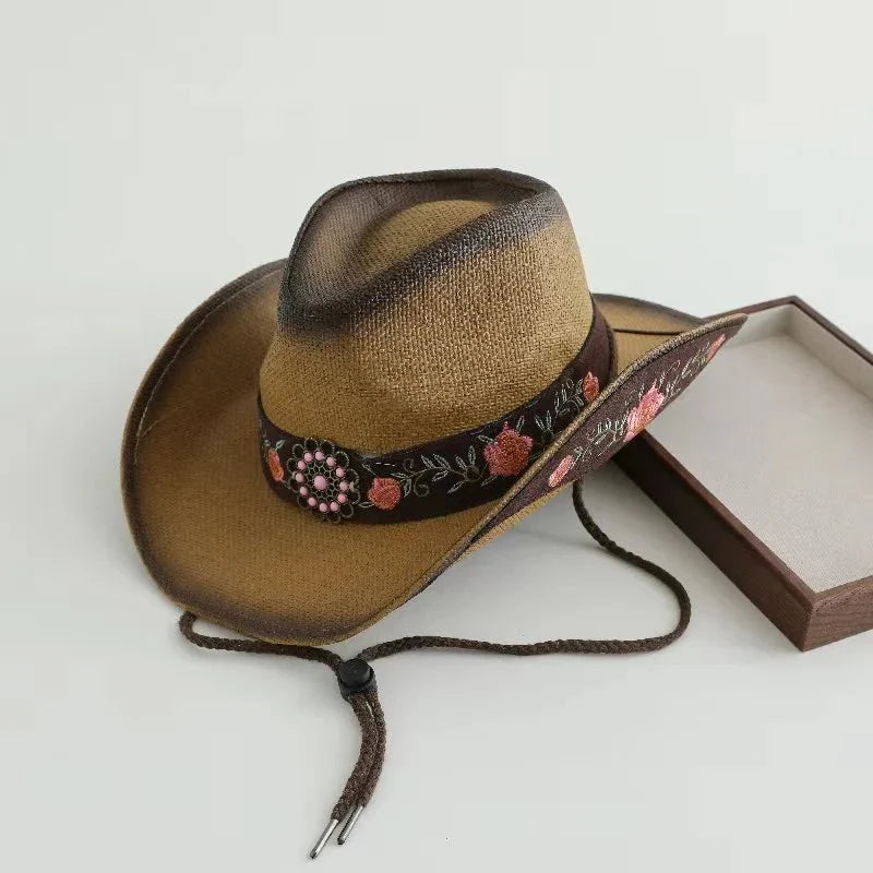 Embroidered Straw Cowboy Hat - Western Sun Hat for Women Men - Country Rodeo Cowgirl