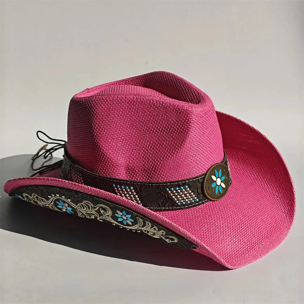 Embroidered Straw Cowboy Hat - Western Sun Hat for Women Men - Country Rodeo Cowgirl