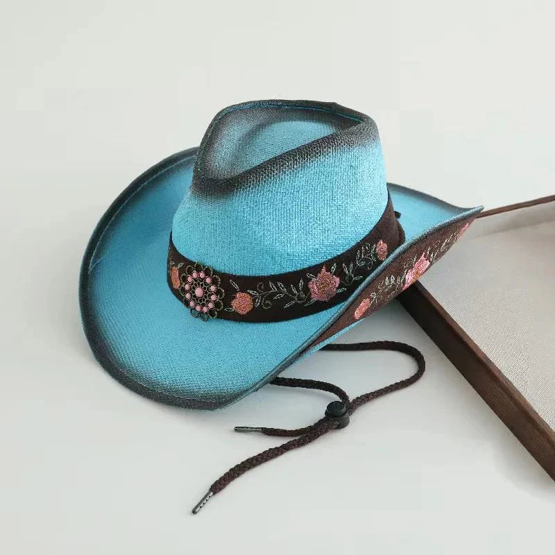 Embroidered Straw Cowboy Hat - Western Sun Hat for Women Men - Country Rodeo Cowgirl