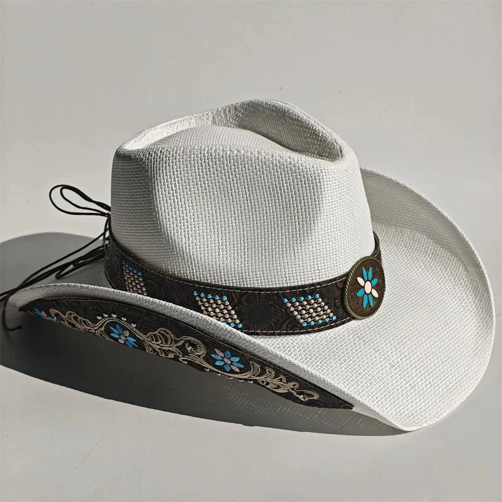 Embroidered Straw Cowboy Hat - Western Sun Hat for Women Men - Country Rodeo Cowgirl