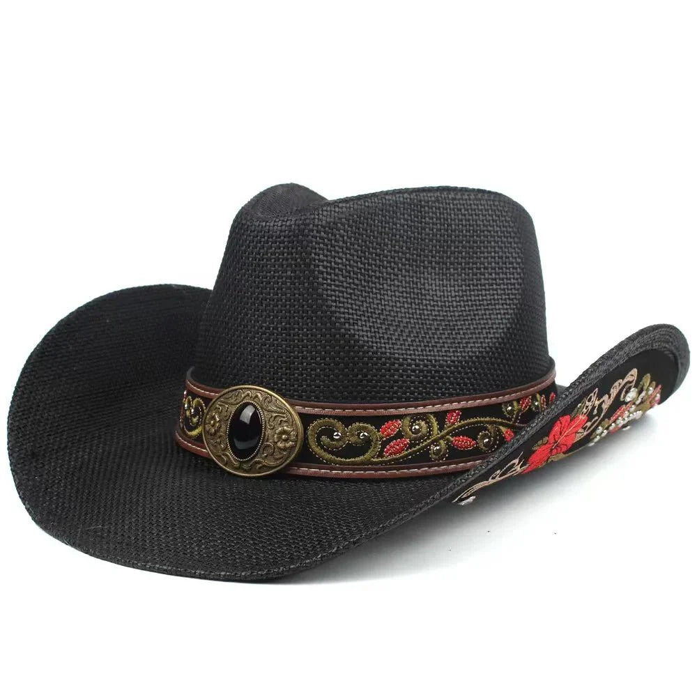 Embroidered Straw Cowboy Hat - Western Sun Hat for Women Men - Country Rodeo Cowgirl