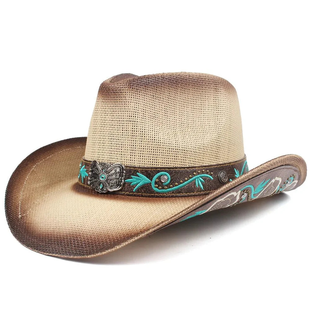 Embroidered Straw Cowboy Hat - Western Sun Hat for Women Men - Country Rodeo Cowgirl