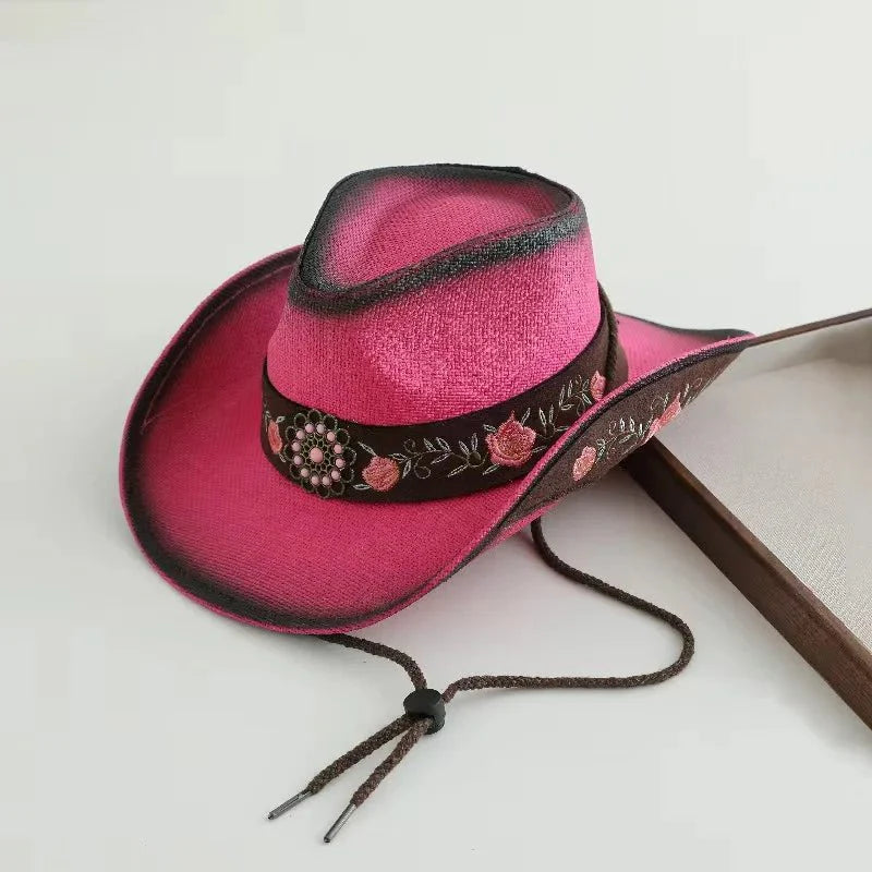 Embroidered Straw Cowboy Hat - Western Sun Hat for Women Men - Country Rodeo Cowgirl
