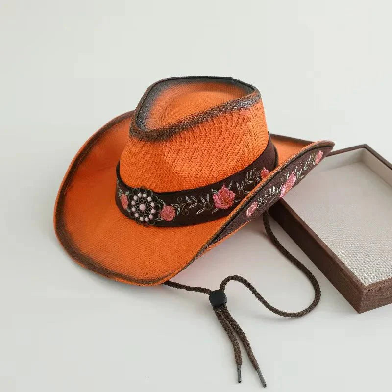 Embroidered Straw Cowboy Hat - Western Sun Hat for Women Men - Country Rodeo Cowgirl