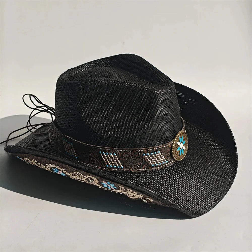 Embroidered Straw Cowboy Hat - Western Sun Hat for Women Men - Country Rodeo Cowgirl