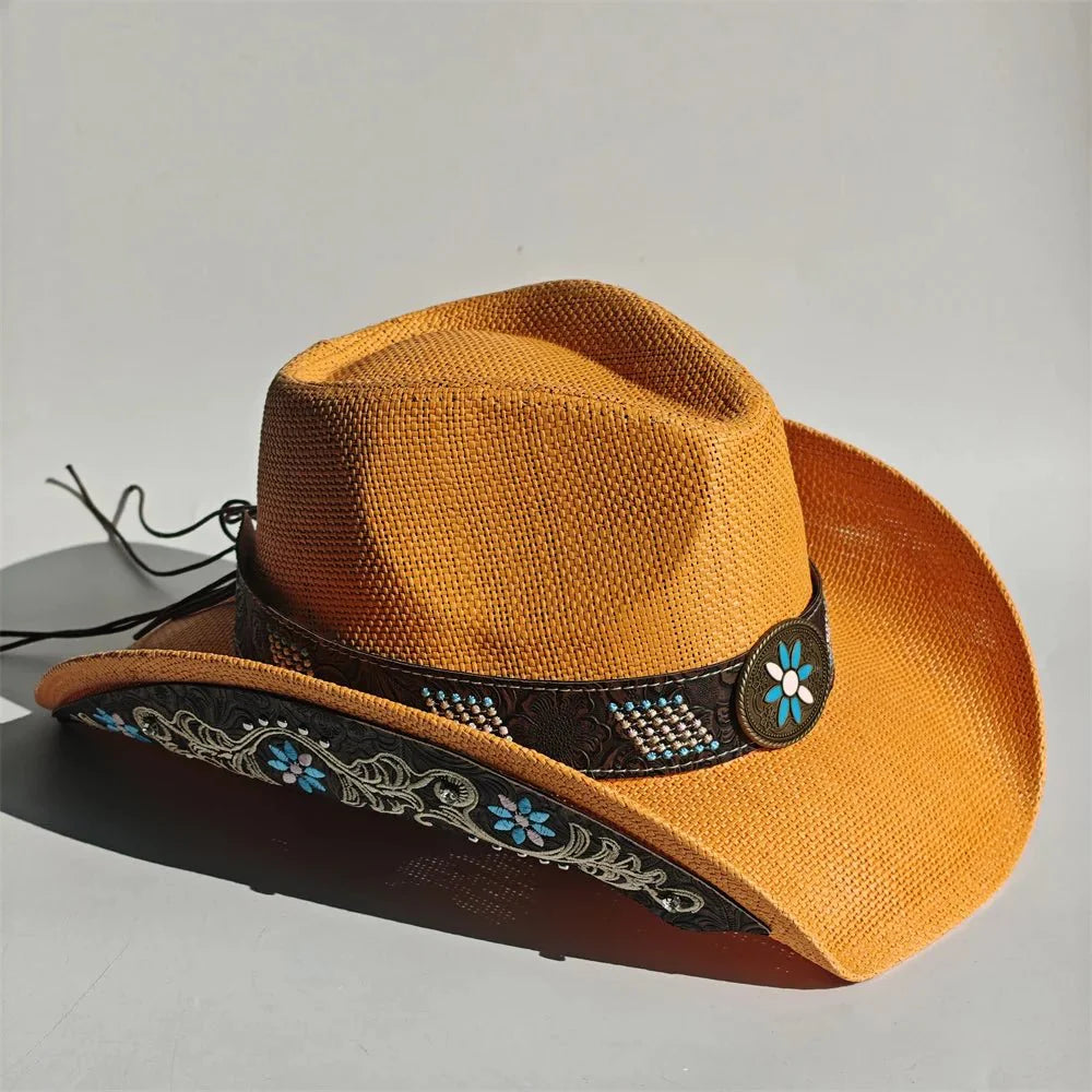 Embroidered Straw Cowboy Hat - Western Sun Hat for Women Men - Country Rodeo Cowgirl