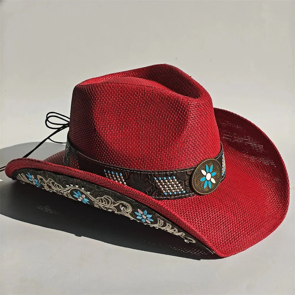 Embroidered Straw Cowboy Hat - Western Sun Hat for Women Men - Country Rodeo Cowgirl