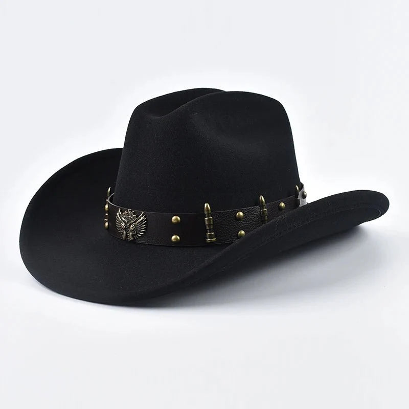Men Women Western Cowboy Hat with Leather Vintage Big-edge Gentleman Cowgirl Hat Cloche Church Caps