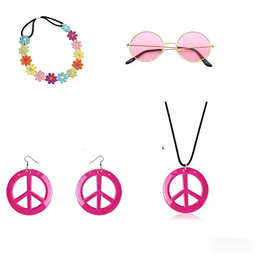 PESENAR  60s Hippie Costume Accessory Set with Flower Headband, Pink Sunglasses and Peace Sign Jewelry