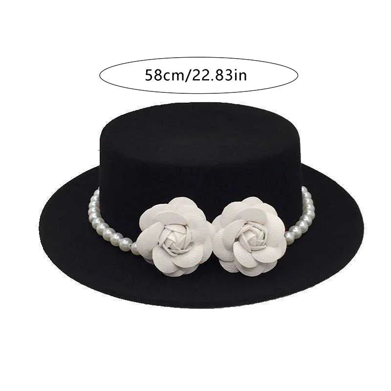 Vintage Wool Boater Hat with Pearl Flower Decor, Classic British Style Fedora for Women