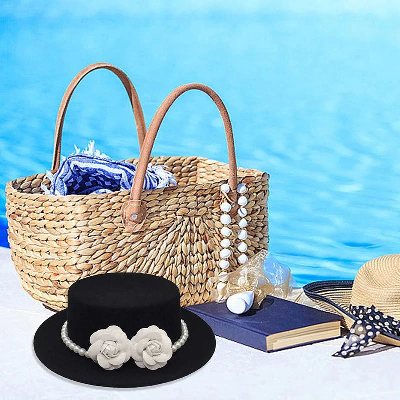 Vintage Wool Boater Hat with Pearl Flower Decor, Classic British Style Fedora for Women