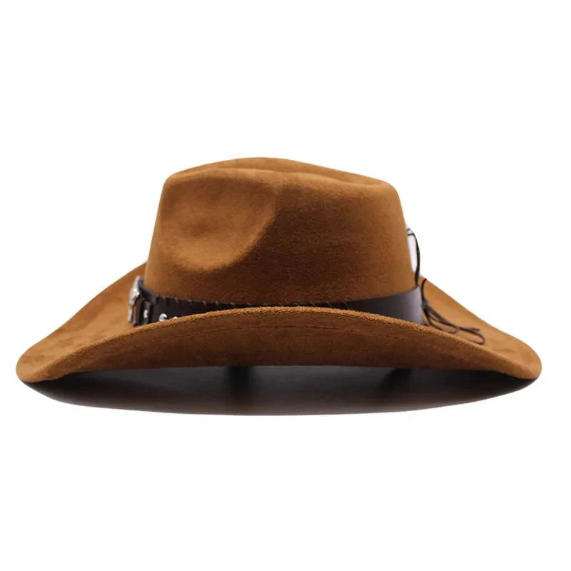 Western cowboy hat with bullhead rivets, curved brim, windproof rope, and felt for outdoor riding and jazz hats
