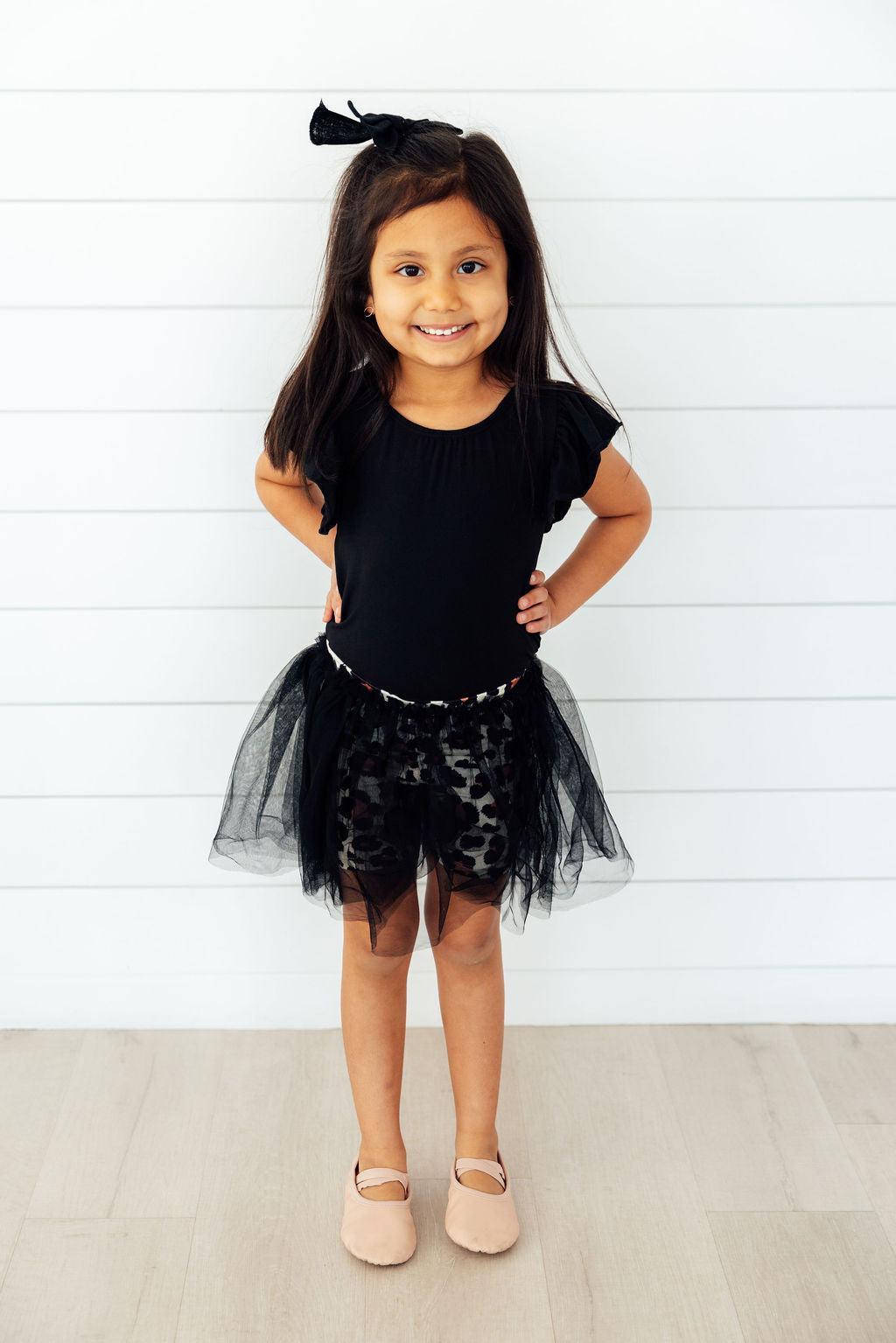 Mila & Rose ® Black S/S Flutter Sleeve Leotard — detail close-up