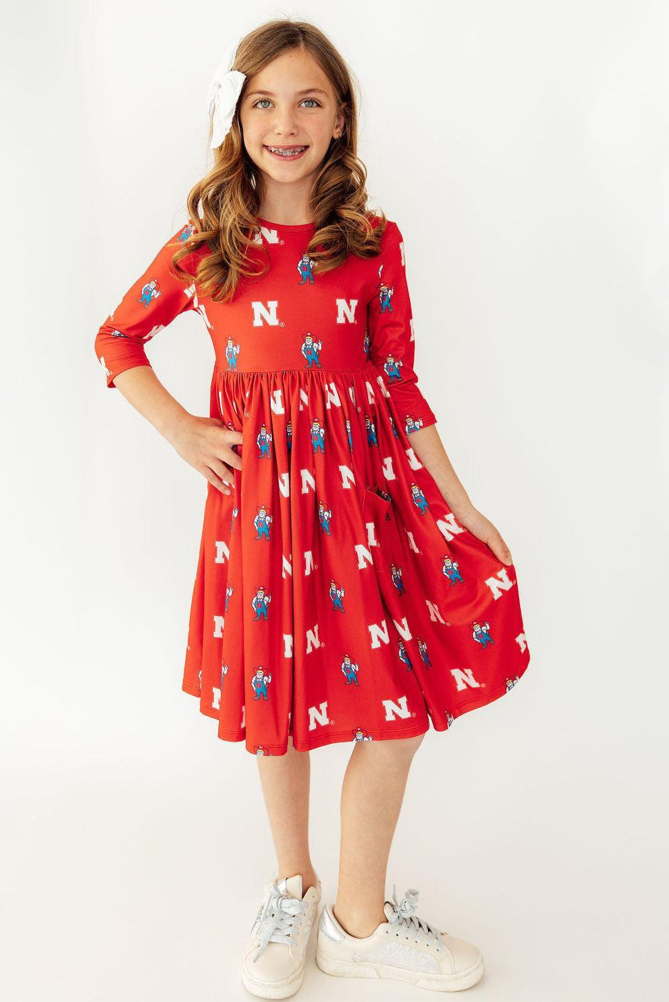 Mila & Rose ® Nebraska Red Herbie Husker 3/4 Sleeve Pocket Twirl Dress — main product shot