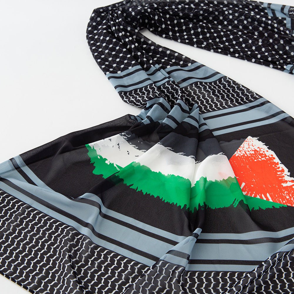 Mariam's Collection Mariam's Collection MH074 Keffiyeh Printed chiffon Hijab — Mariam's Collection branding close-up