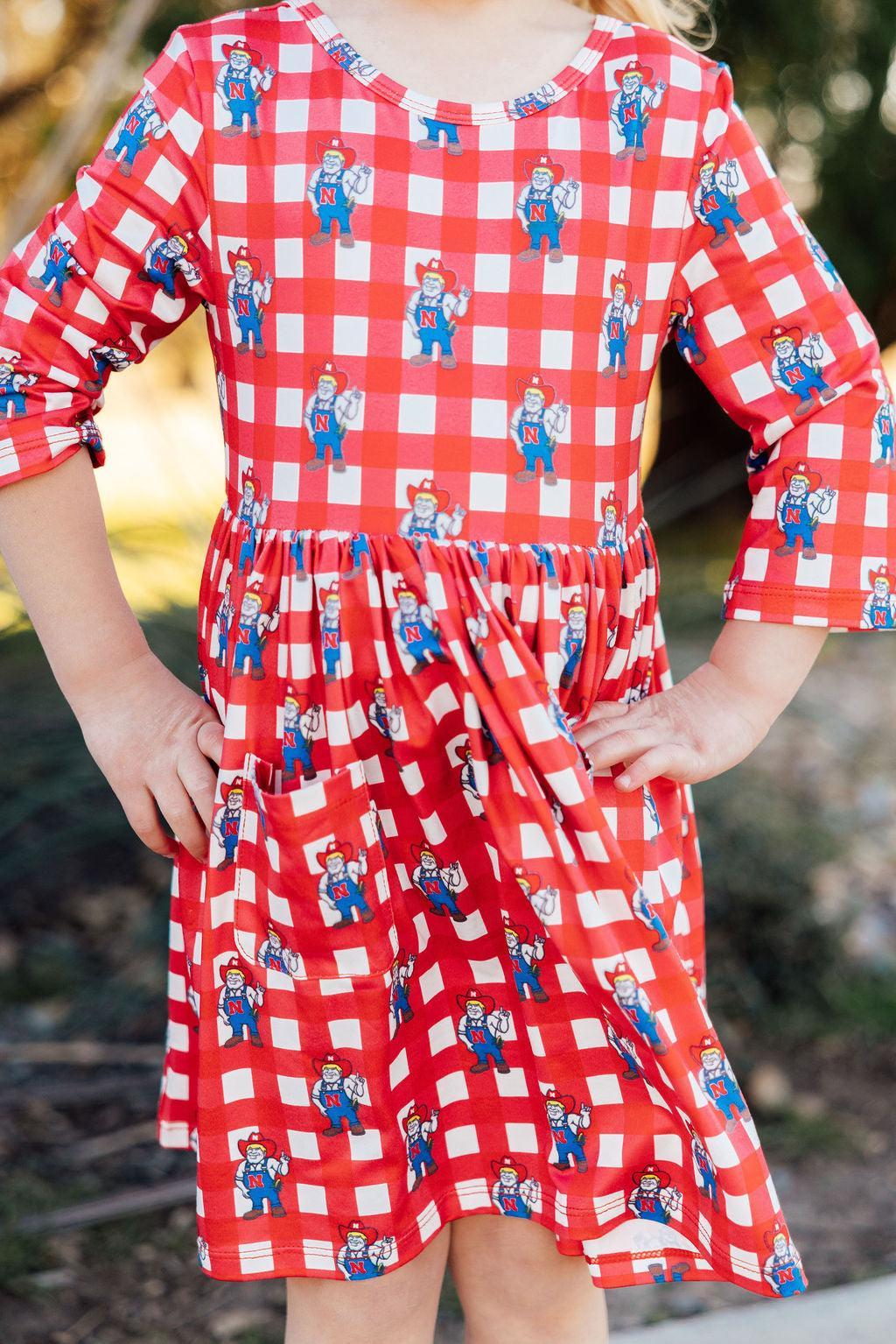 Mila & Rose ® Nebraska Plaid Herbie Husker 3/4 Sleeve Pocket Twirl Dress — main product shot