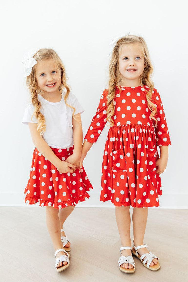 Mila & Rose ® Red Polka Dots 3/4 Sleeve Pocket Twirl Dress — detail close-up